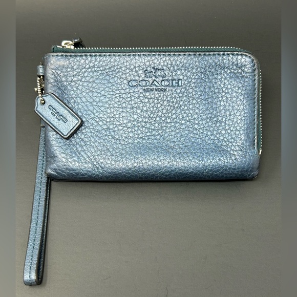 Coach Blue Metallixc Double Pocket Zip Wristlet - Picture 4 of 14